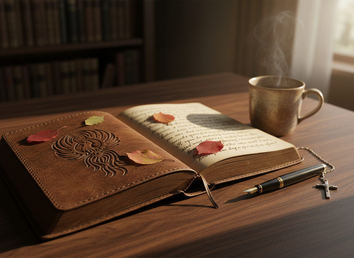 A weathered, leather-bound journal embossed with a subtle phoenix emblem rests open on a dark walnut writing desk, its cream pages filled with elegant handwritten lines and pressed autumn leaves. Around it lie a fountain pen with a gold nib, a ceramic mug of herbal tea, and a small cross pendant gently placed beside the journal. Late-afternoon golden light pours in from an unseen window, creating long, contemplative shadows and warm highlights on the leather texture. Shot at eye level with a shallow depth of field, the foreground in crisp focus while the background melts into a soft bokeh of bookshelves. The photographic realism and sophisticated, muted color palette evoke authenticity, reflection, and the power of personal storytelling rooted in faith.
