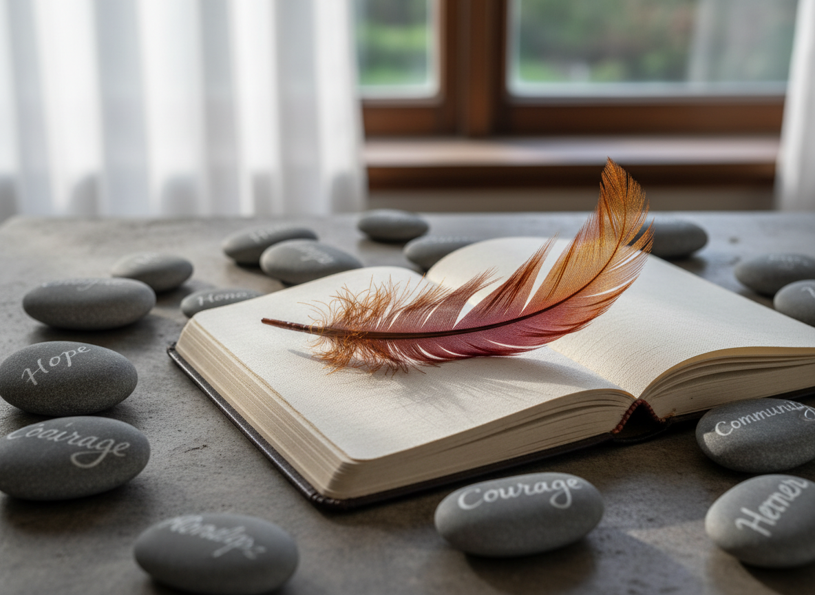 A single bright feather, shaped like a phoenix plume in shades of deep crimson, burnt orange, and iridescent gold, lies across the open pages of a linen-textured notebook. The notebook rests on a stone tabletop scattered with small river stones etched with words like “hope,” “courage,” and “community.” Soft morning light filters through sheer curtains, casting delicate, dappled patterns over the scene. Captured from a slightly elevated angle in photographic realism, the feather’s intricate barbs and subtle sheen are in sharp focus, while the background fades gently. The mood is quietly empowering and contemplative, symbolizing rising from hardship into purpose through storytelling and shared experience.
