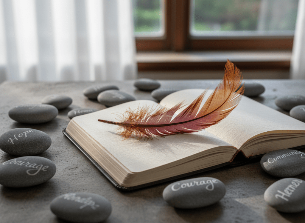 A single bright feather, shaped like a phoenix plume in shades of deep crimson, burnt orange, and iridescent gold, lies across the open pages of a linen-textured notebook. The notebook rests on a stone tabletop scattered with small river stones etched with words like “hope,” “courage,” and “community.” Soft morning light filters through sheer curtains, casting delicate, dappled patterns over the scene. Captured from a slightly elevated angle in photographic realism, the feather’s intricate barbs and subtle sheen are in sharp focus, while the background fades gently. The mood is quietly empowering and contemplative, symbolizing rising from hardship into purpose through storytelling and shared experience.