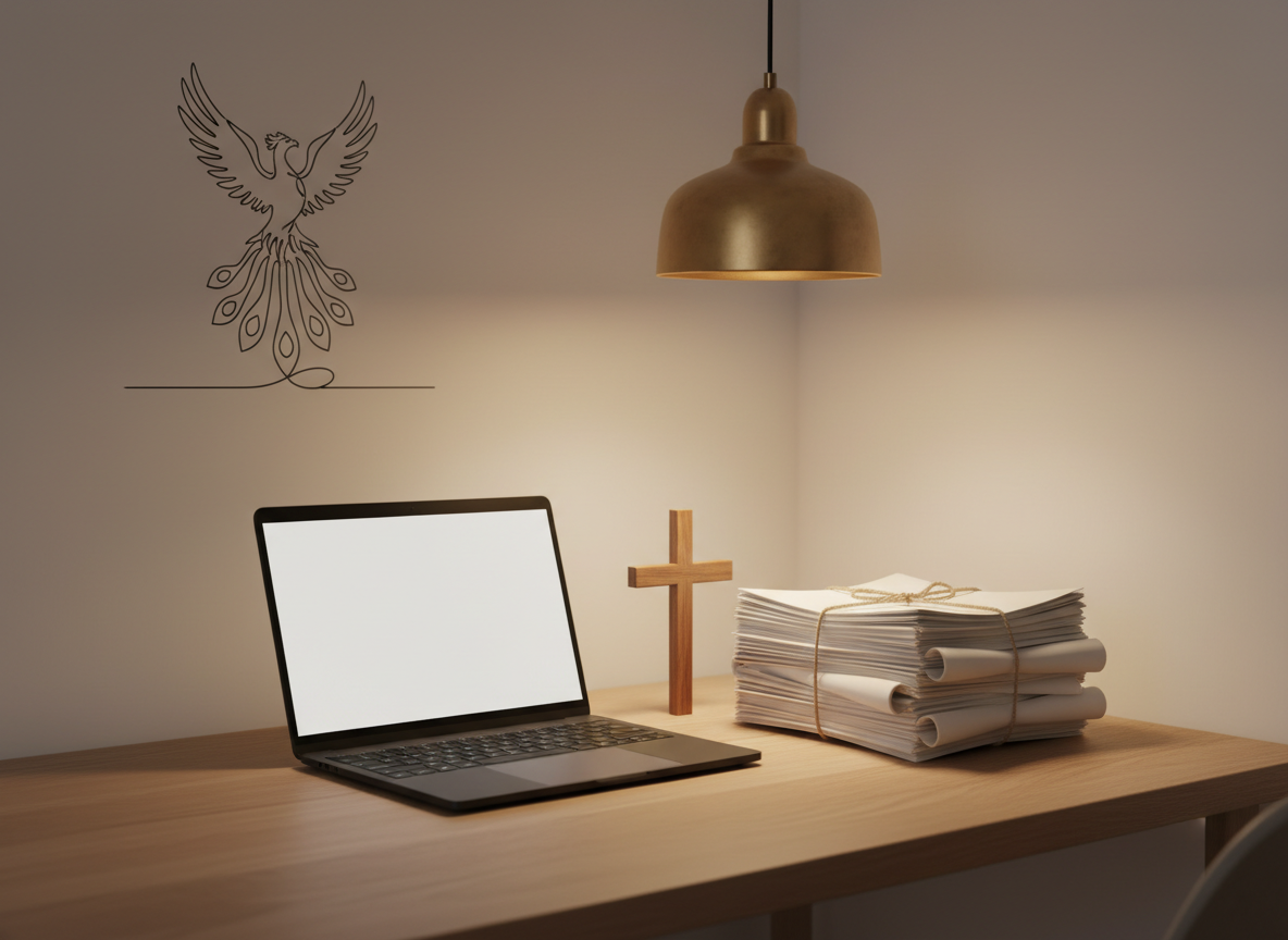 An elegant, minimalist home writing nook featuring a matte black laptop displaying a blank document, a slim wooden cross standing upright beside it, and a stack of dog-eared paper manuscripts tied with natural twine. The desk is a smooth oak surface against a soft, off-white wall adorned with a simple line illustration of a phoenix rising. Warm pendant lighting overhead creates a gentle pool of light on the workspace, leaving the surroundings in soft shadow. Photographed from a three-quarter angle with balanced composition and moderate depth of field, every object feels thoughtfully placed. The atmosphere is focused yet inviting, conveying a sophisticated, faith-infused space where educational stories and lived experiences are crafted to inspire change.