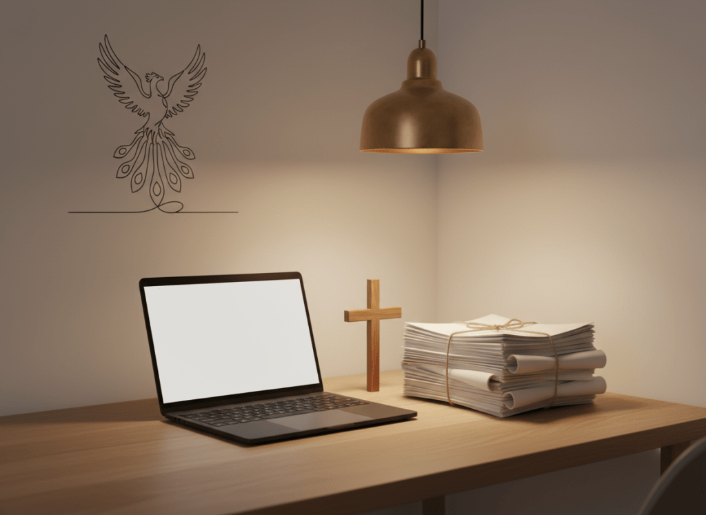 An elegant, minimalist home writing nook featuring a matte black laptop displaying a blank document, a slim wooden cross standing upright beside it, and a stack of dog-eared paper manuscripts tied with natural twine. The desk is a smooth oak surface against a soft, off-white wall adorned with a simple line illustration of a phoenix rising. Warm pendant lighting overhead creates a gentle pool of light on the workspace, leaving the surroundings in soft shadow. Photographed from a three-quarter angle with balanced composition and moderate depth of field, every object feels thoughtfully placed. The atmosphere is focused yet inviting, conveying a sophisticated, faith-infused space where educational stories and lived experiences are crafted to inspire change.